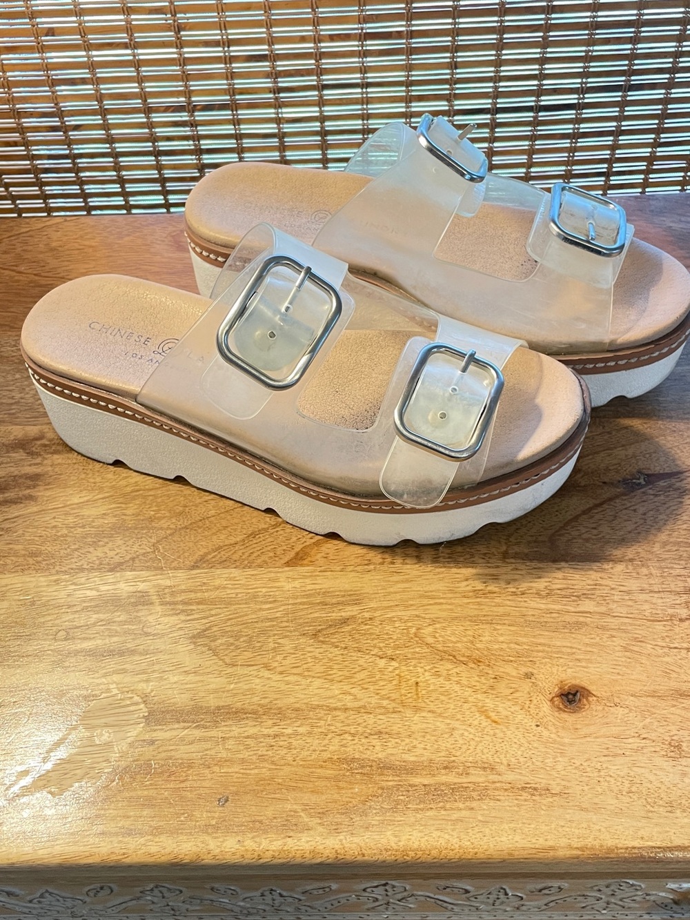 Chinese Laundry Clear Two-Buckle Platform Sandal in clear/tan